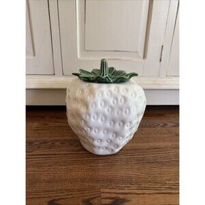 Vintage McCoy Pottery Figural White Strawberry Cookie Jar with Green Lid